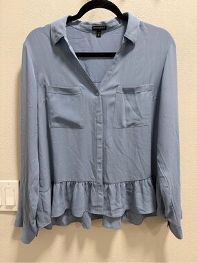 Express Women's Pale Blue Ruffle-Hem Button Down Shirt